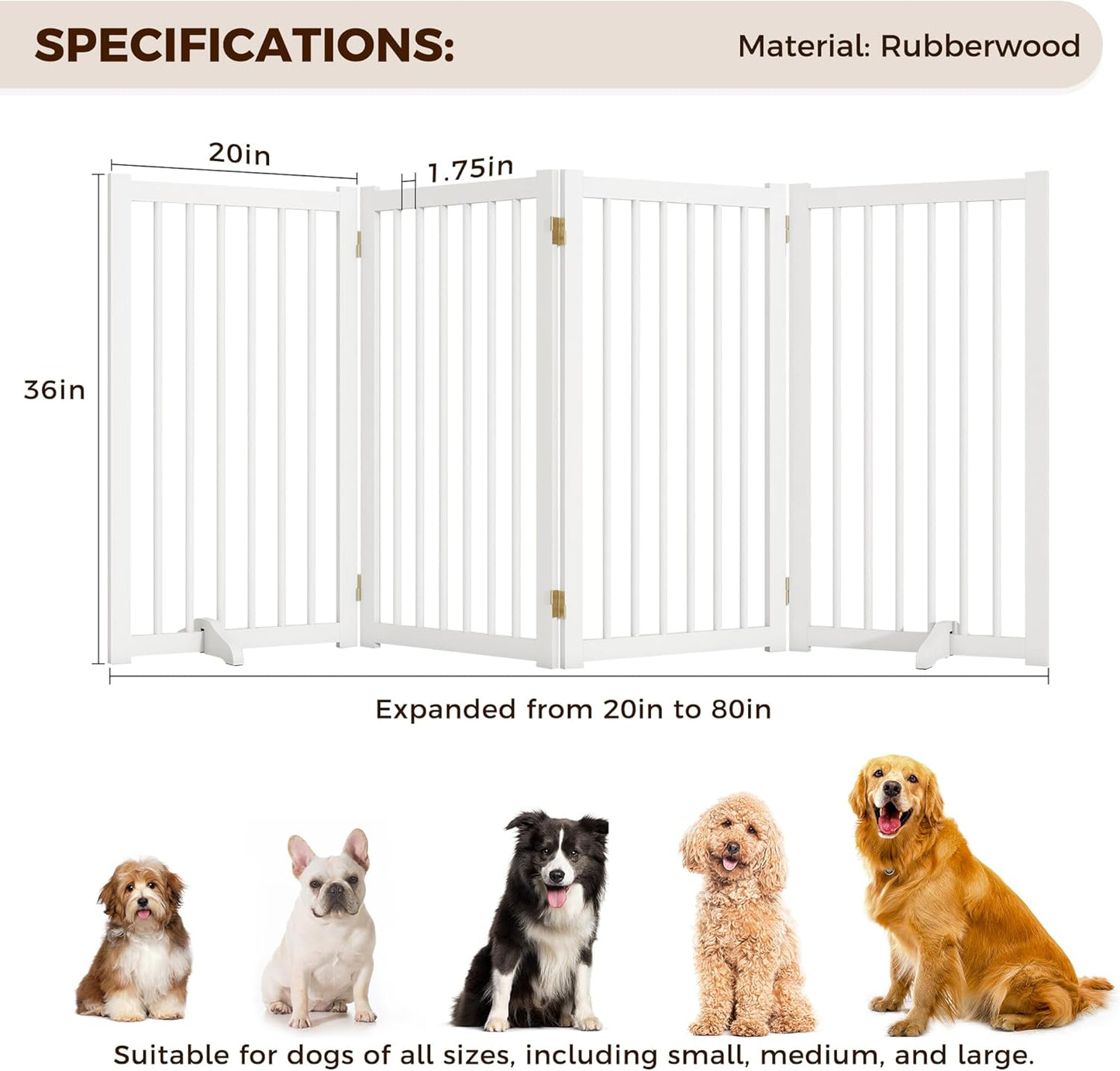 36" H Freestanding Dog Gate, Solid Wood Foldable Pet Gate with Support Feet, Wooden Tall Dog Gate for Doorway, Stairs & Indoor Use, 60" Wide Expandable Pet Fence, 3 Panels, Walnut