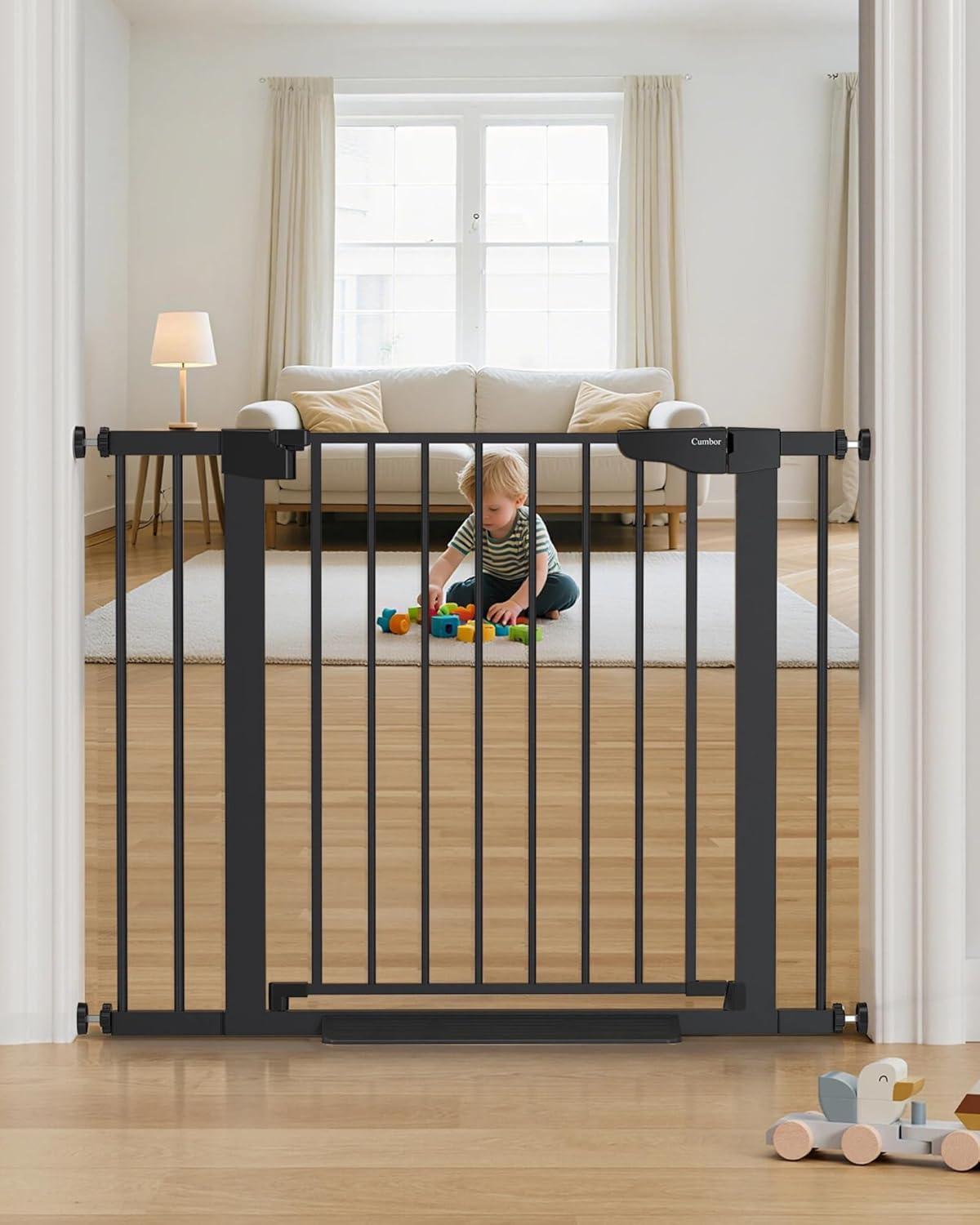 Cumbor 36.6-64" Extra Wide Baby Gate for Stairs, Dog Gates for Doorways, Auto-Close Pet Gate Indoor, Pressure Mounted Walk Through Safety Child Gate for Kids Toddler, Tall Pet Puppy Fence Gate, Brown