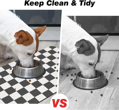 CooRug Checkered Dog Food Mat, Absorbent Leak-Proof Pet Feeding Mat, Quick Dry Cat Food Mat for Messy Drinkers 12" x 20" Khaki
