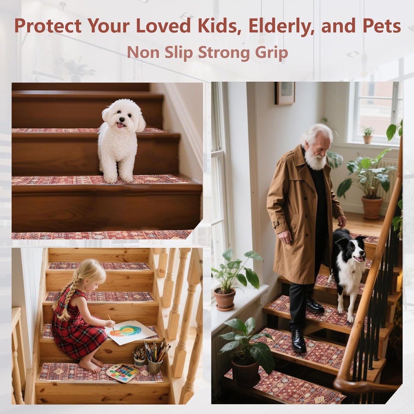 Stair Treads for Wooden Steps, Non Slip Stair Treads Carpet Indoor Residue Free Peel and Stick Washable Stair Covers, Safe for Dogs Kids Elders, Moroccan Beige, 8x30 inch, 4 Pack
