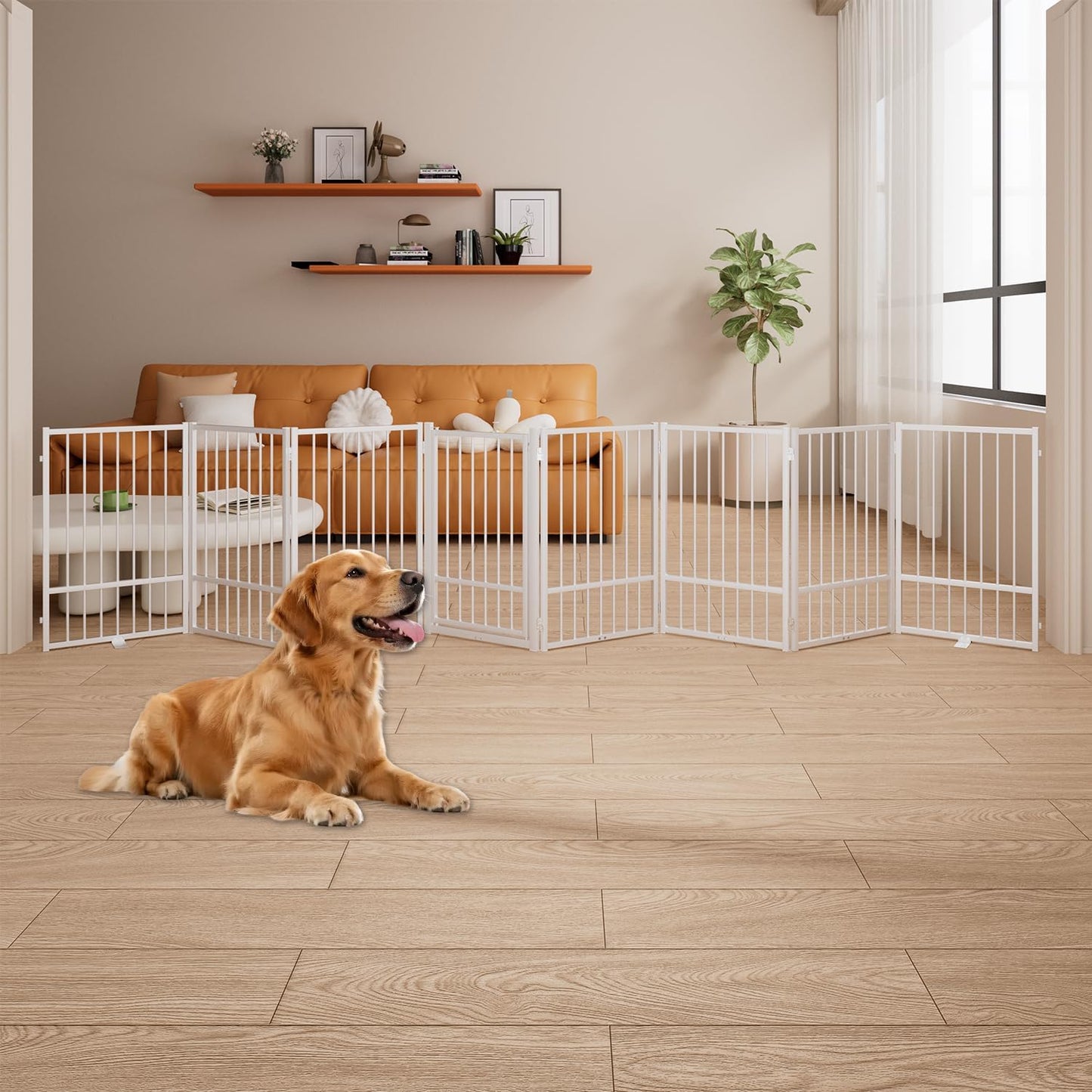 4 Panels Full Metal Freestanding Dog Gates with Door, 80” W x 32” H Folding Pet Gate Fence with Support Feet for Indoor,Stairs, Hallways and Doorways(Black)