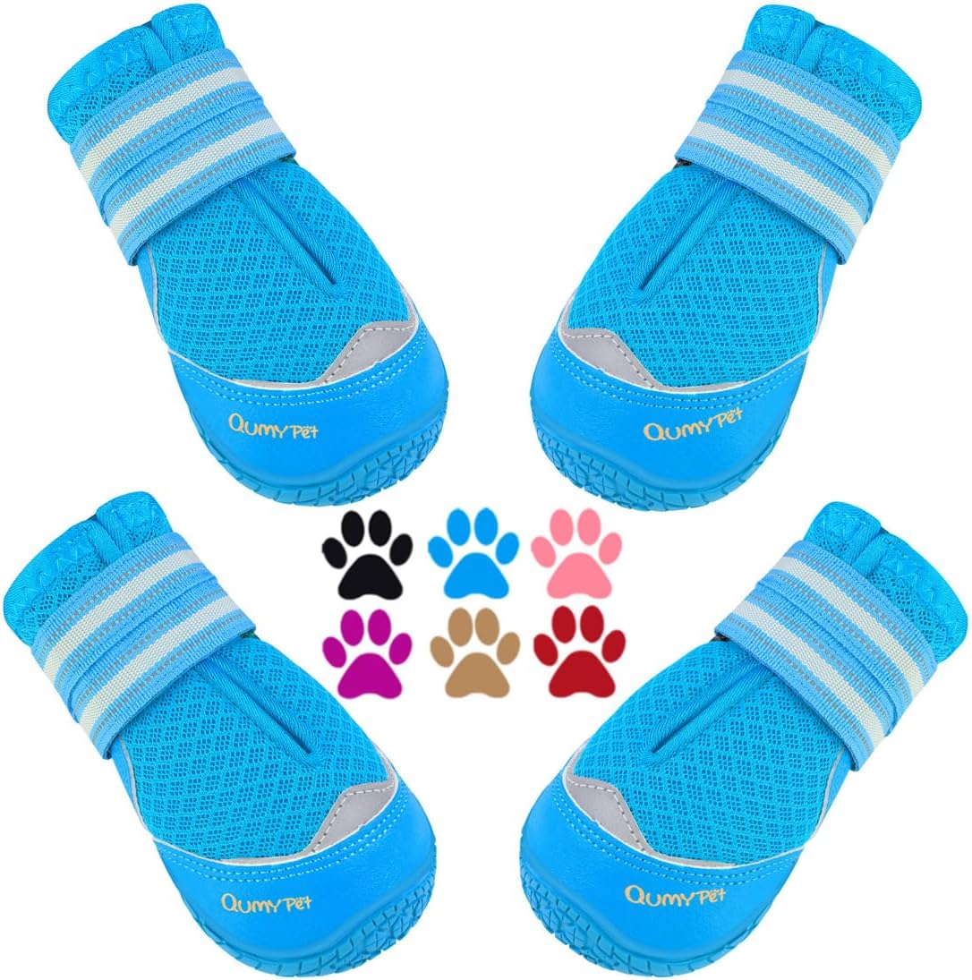 QUMY 4PCS Dog Boots for Large Dogs, Medium Dog Shoes & Paw Protectors for Hot Pavement, Summer Heat Protection, Mesh Breathable Nonslip Dog Booties for Hardfloors, Walking Running Hiking Black Size 6