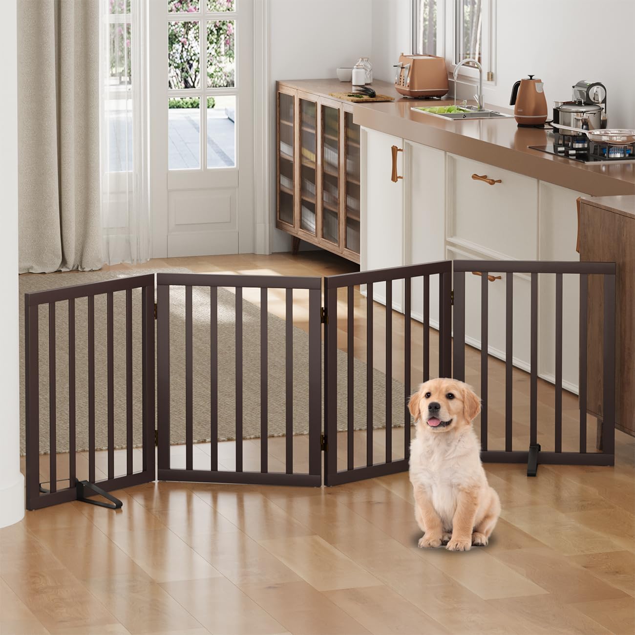 Freestanding Foldable Dog Gate - 4 Panel Room Divider with Metal Support Feet (Black)