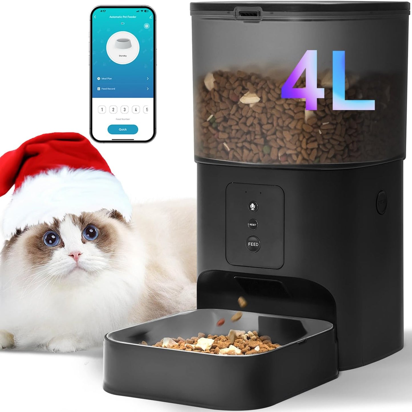 ANDOLL HOME Automatic Cat Feeder, 4L Cat Food Dispenser with 10s Voice Recorder, Pet Feeder up to 8 Meals per Day, Timed Dog Feeder with Dry Food Sealed Ring