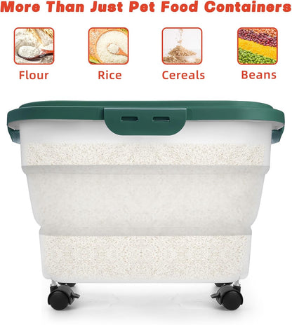 Dog Food Container, Collapsible Pet Food Storage Container 17-20 lb with Rolling Wheels & Airtight Lid, Plastic Storage Bin With Dog Food Scoop and Measuaring Cups
