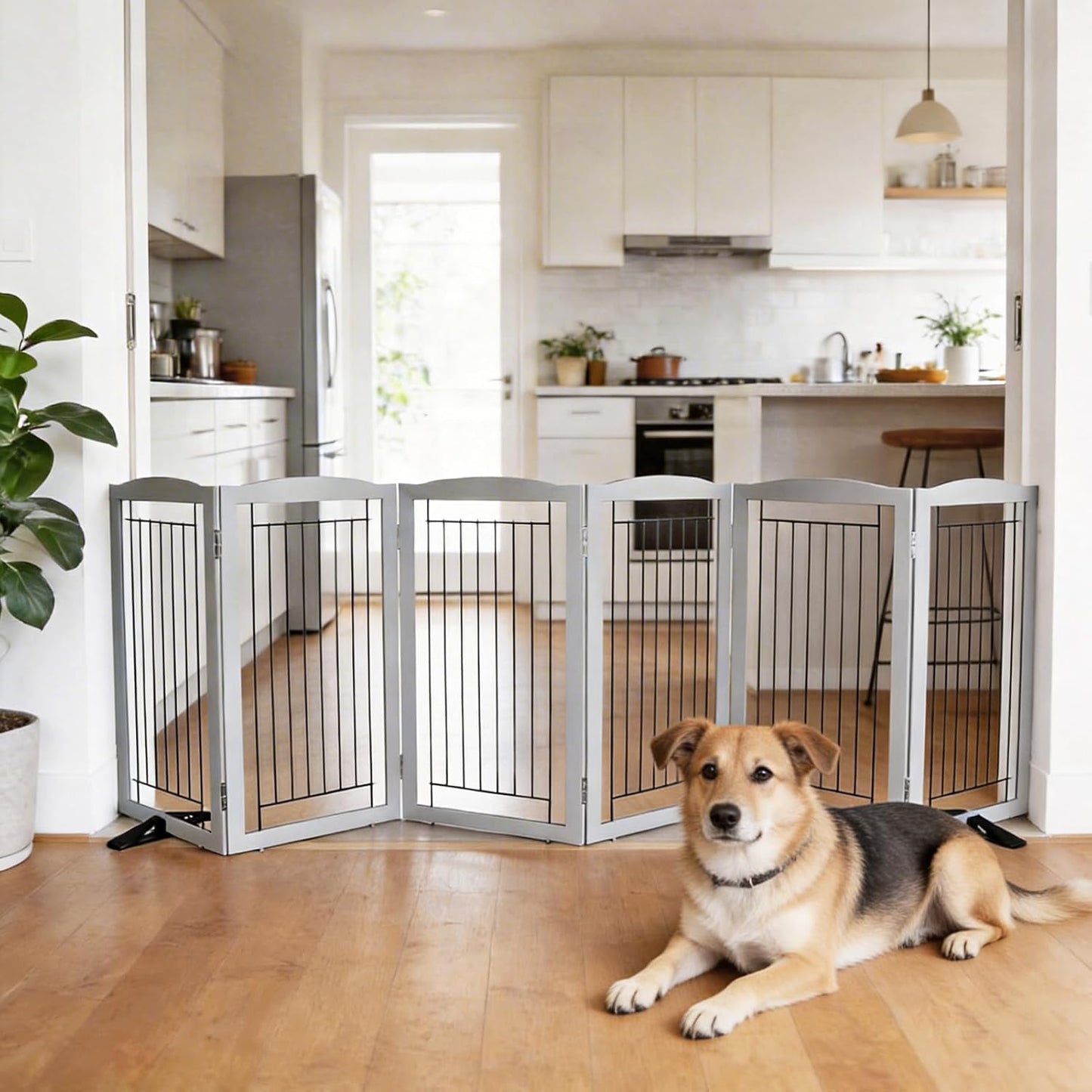 ZJSF Freestanding Dog Fence Indoor, Foldable Dog Gate for Doorways, Stairs or Hallways, Sturdy Wood Extra Wide Pet Gate with Support Feet for The House, White, 24 "Height-3 Panels