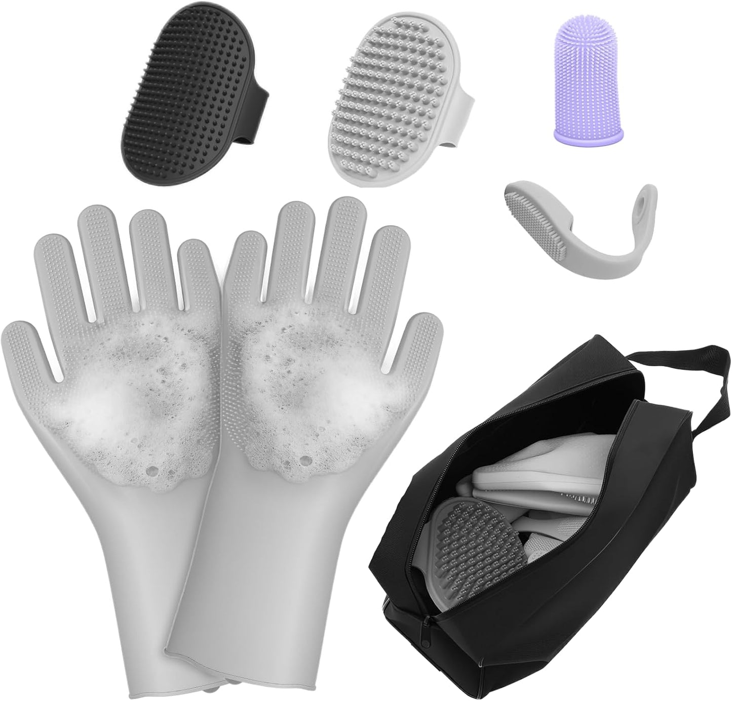 7PCS Dog Washing Gloves | Dog Bath Brush | Storage Bag | Dog Finger Toothbrush for Short & Long Haired Dogs & Cats | Efficient Deshedding Bathing & Massaging, Suitable for Pets (Sage Green)