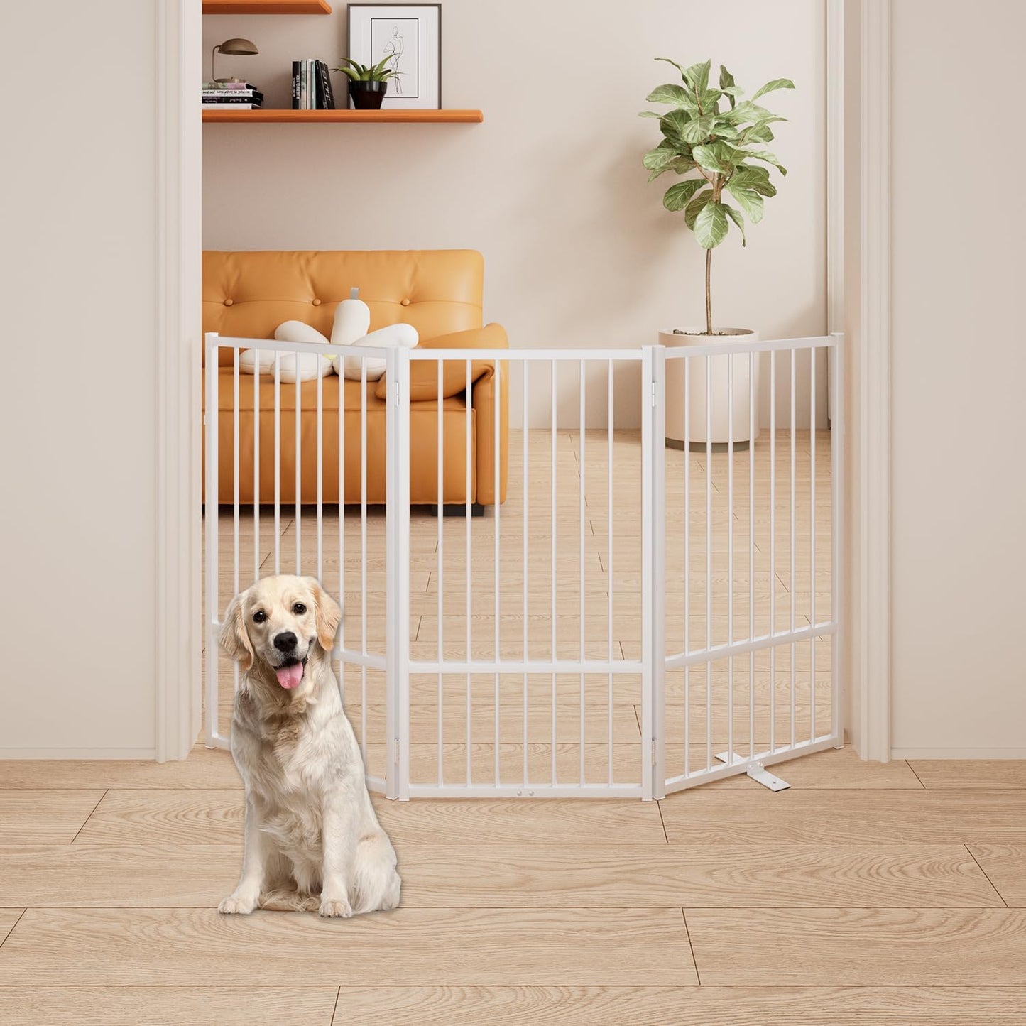 4 Panels Full Metal Freestanding Dog Gates with Door, 80” W x 32” H Folding Pet Gate Fence with Support Feet for Indoor,Stairs, Hallways and Doorways(Black)
