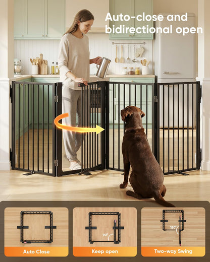 Full Metal Free Standing Dog Gate with Door for Indoor & Outdoor,80'' Extra Wide 32'' Tall Dog Gate for The Doorways,Large Openings,Decks,Porch,Pet Freestanding Safety Fence(4 Panels,Black)