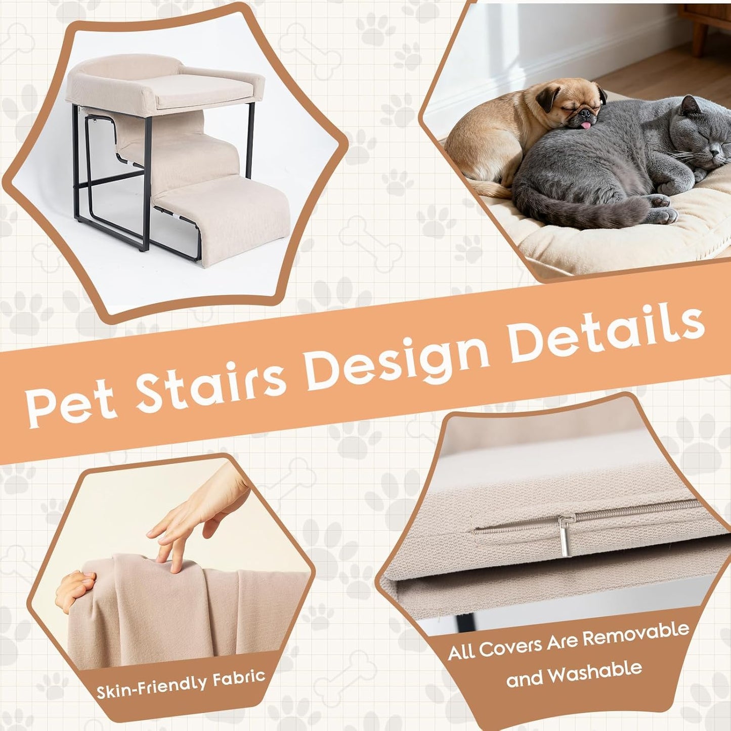 Stairs for Dogs to get on Bed 3-Step Pet Ramp for High Beds Sponge Dog Ramp Non-Slip Washable Cover The Sturdy Iron Frame with Anti-Slip Points Ideal for Small Dogs Cats Senior Pets with Joint Issues