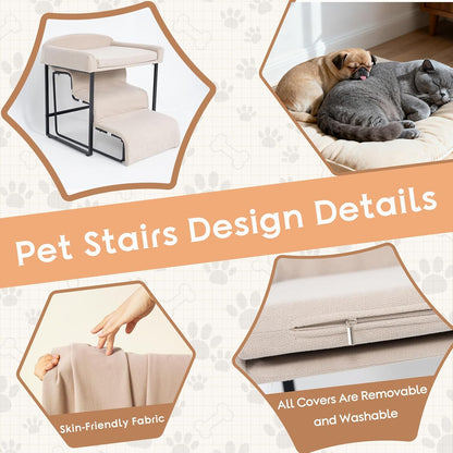 Stairs for Dogs to get on Bed 3-Step Pet Ramp for High Beds Sponge Dog Ramp Non-Slip Washable Cover The Sturdy Iron Frame with Anti-Slip Points Ideal for Small Dogs Cats Senior Pets with Joint Issues