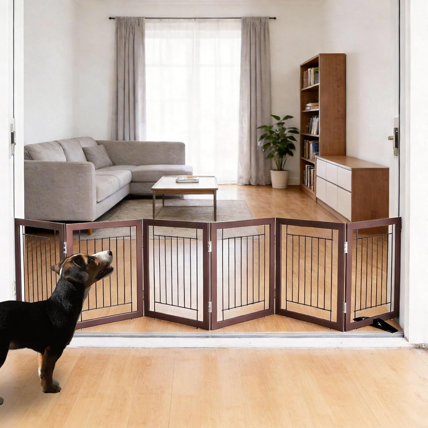 ZJSF Freestanding Dog Gate Indoor, Foldable Dog Fence for Doorways,Hallways or Stairs, Sturdy Wood Extra Wide Pet Gate with Support Feet,Black,24 "Height-3 Panels