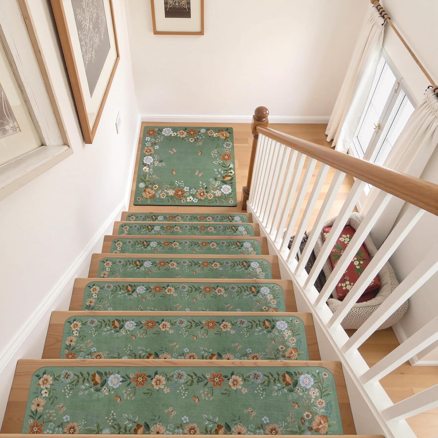 OJIA Floral Stair Treads Non-Slip Carpet Stair Treads for Wooden Steps Indoor 15PCS 30"x8" Stair Runner Stair Mats Staircase Step Treads for Kids, Elders and Dogs, Stair Covers, Black