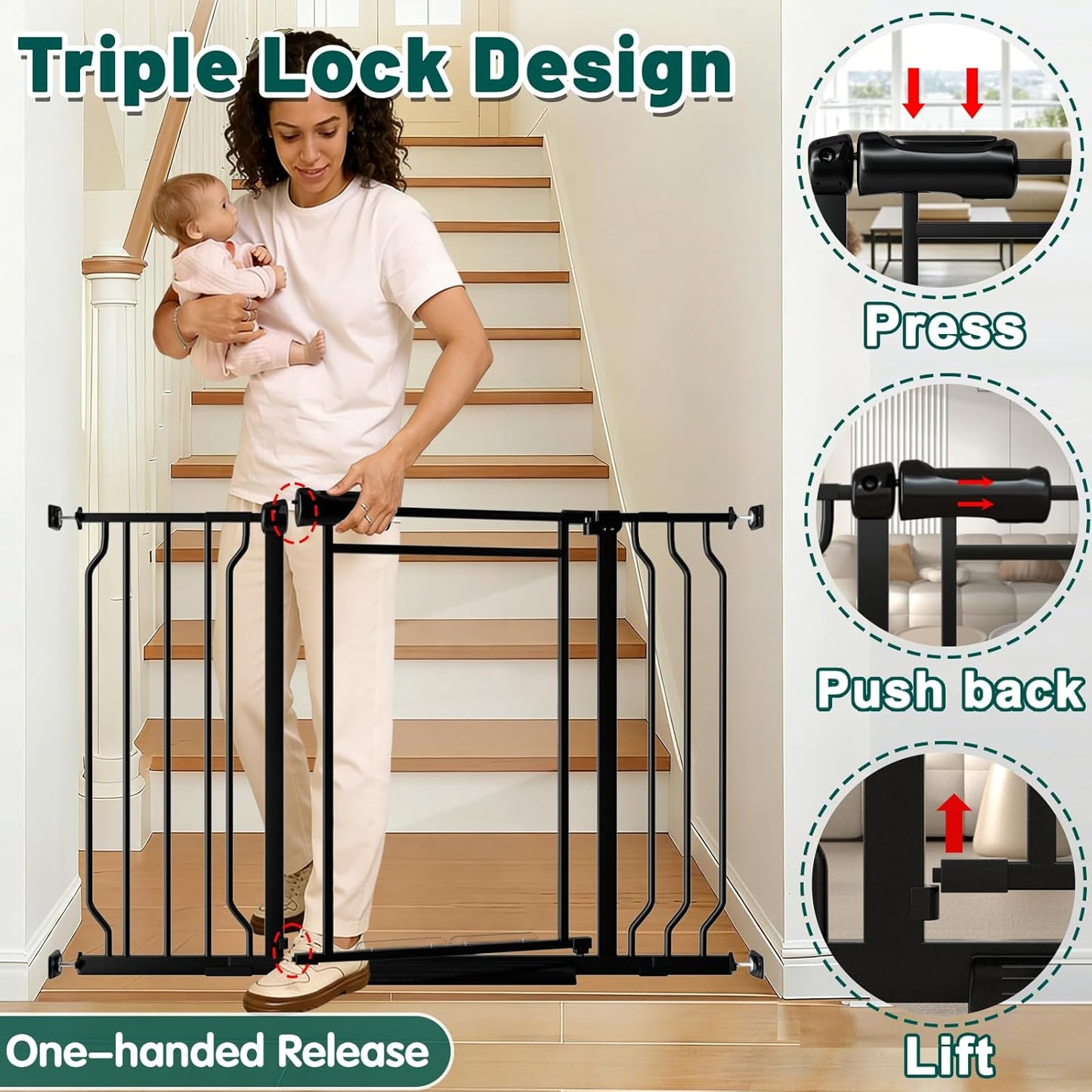 Fairy Baby Triple Lock Clear Baby Gate for Doorways, 57.6”-66.8” Extra Wide Acrylic Dog Gate for Stairs, Safety Child Gate Pressure Mounted No Drill, Auto Close Clear Pet Gate One-Hand Opening, Black