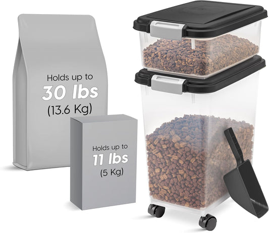 IRIS USA 30 lbs & 11 lbs Combo Airtight Dog Food Storage Container, Stackable Treat Box, 2-Cup Scoop, Wheels, Keep Fresh, Easy Mobility, Chrome