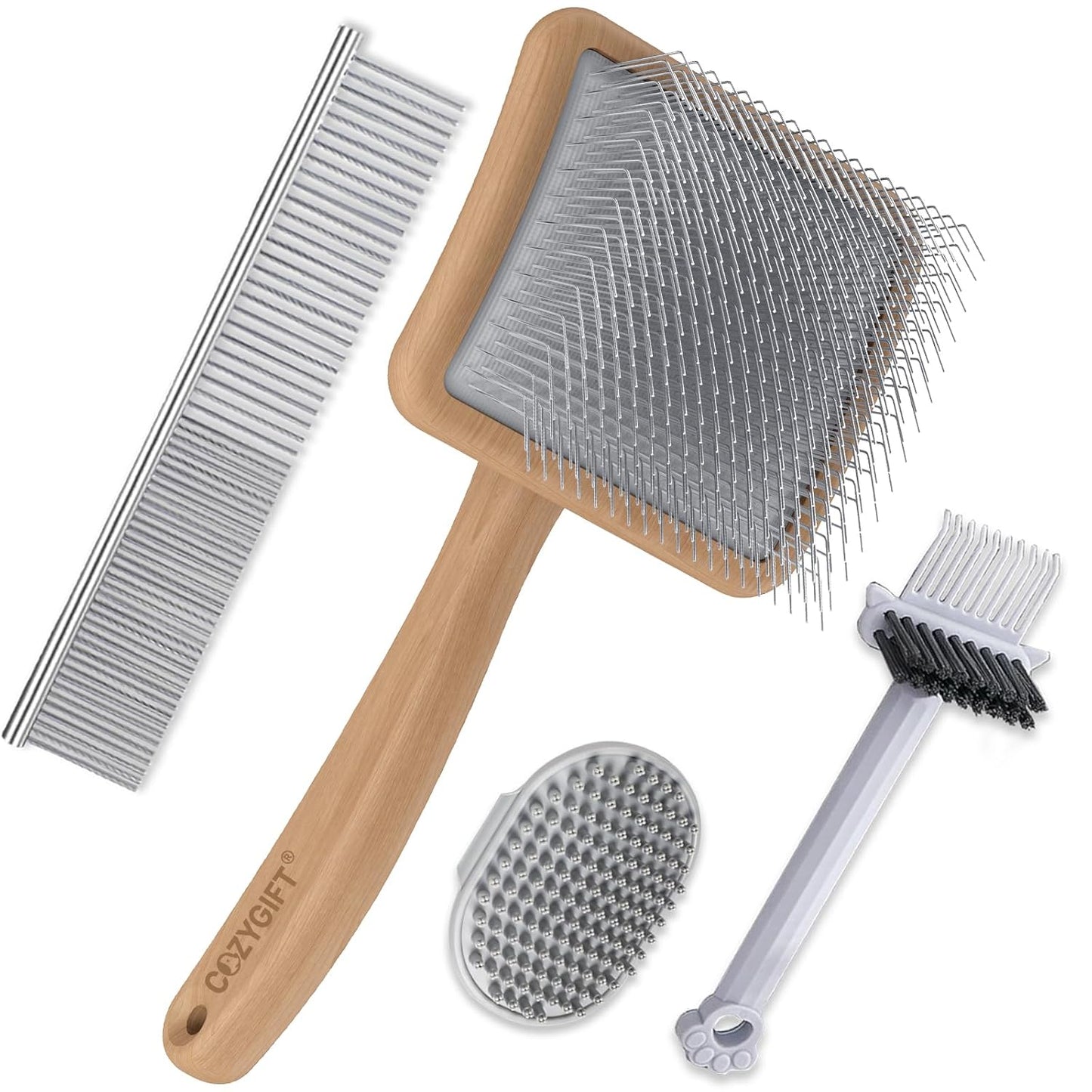 Slicker Brush for Dogs - 4-in-1 Wooden Dog Grooming Kit for Doodles & Poodles with Detangling Comb for Matted Hair & Bath Massage Set, Naturally