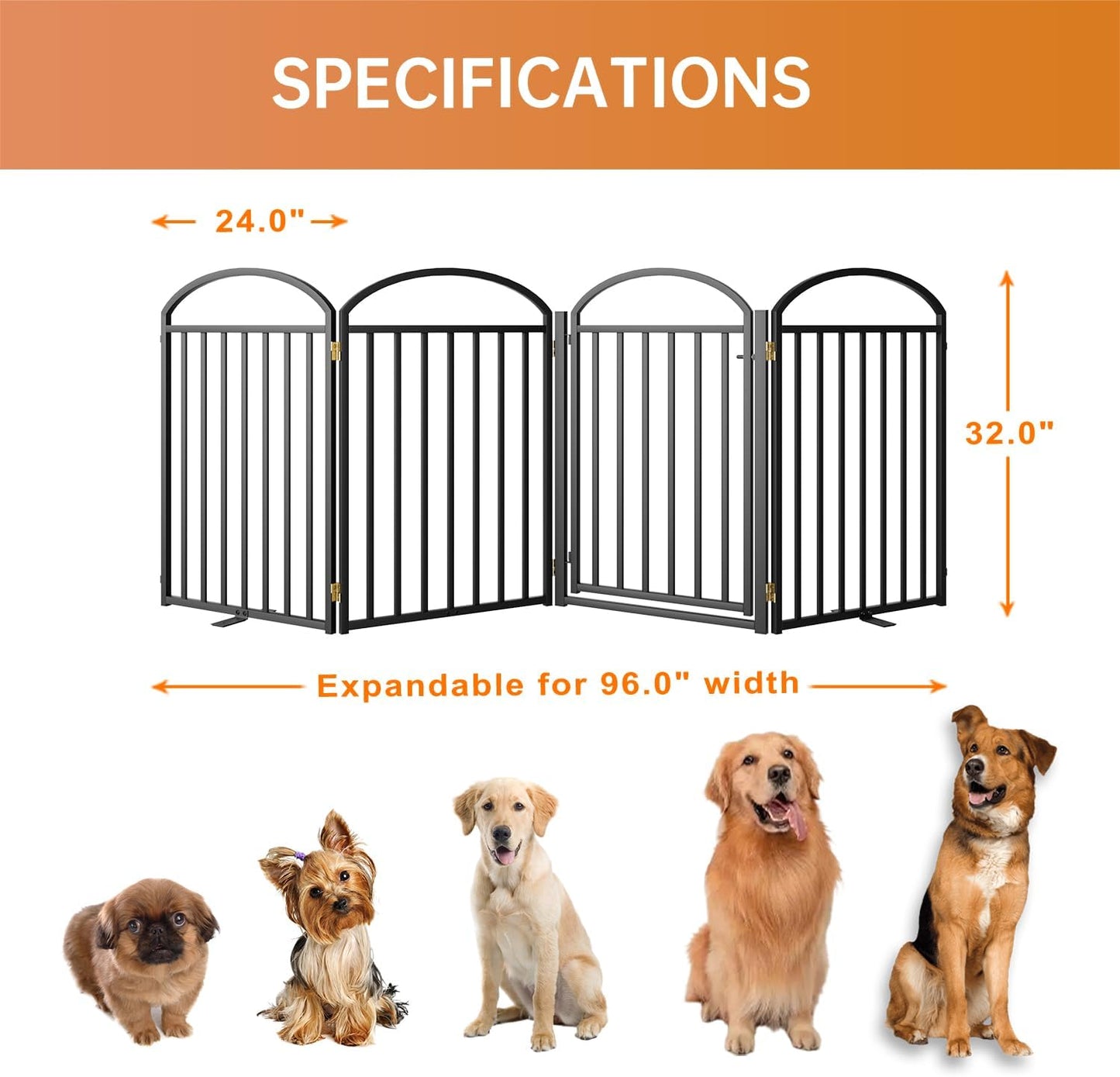 SNUOWU 4 Panels Full Matel Freestanding Dog Gates with Door, 96"Extra Wide 32"Tall Free Standing Dog Pet Gate for Indoor & Outdoor. Foldable Pet Fences for Doorways, House, Stairs, Porch, Deck, Yard