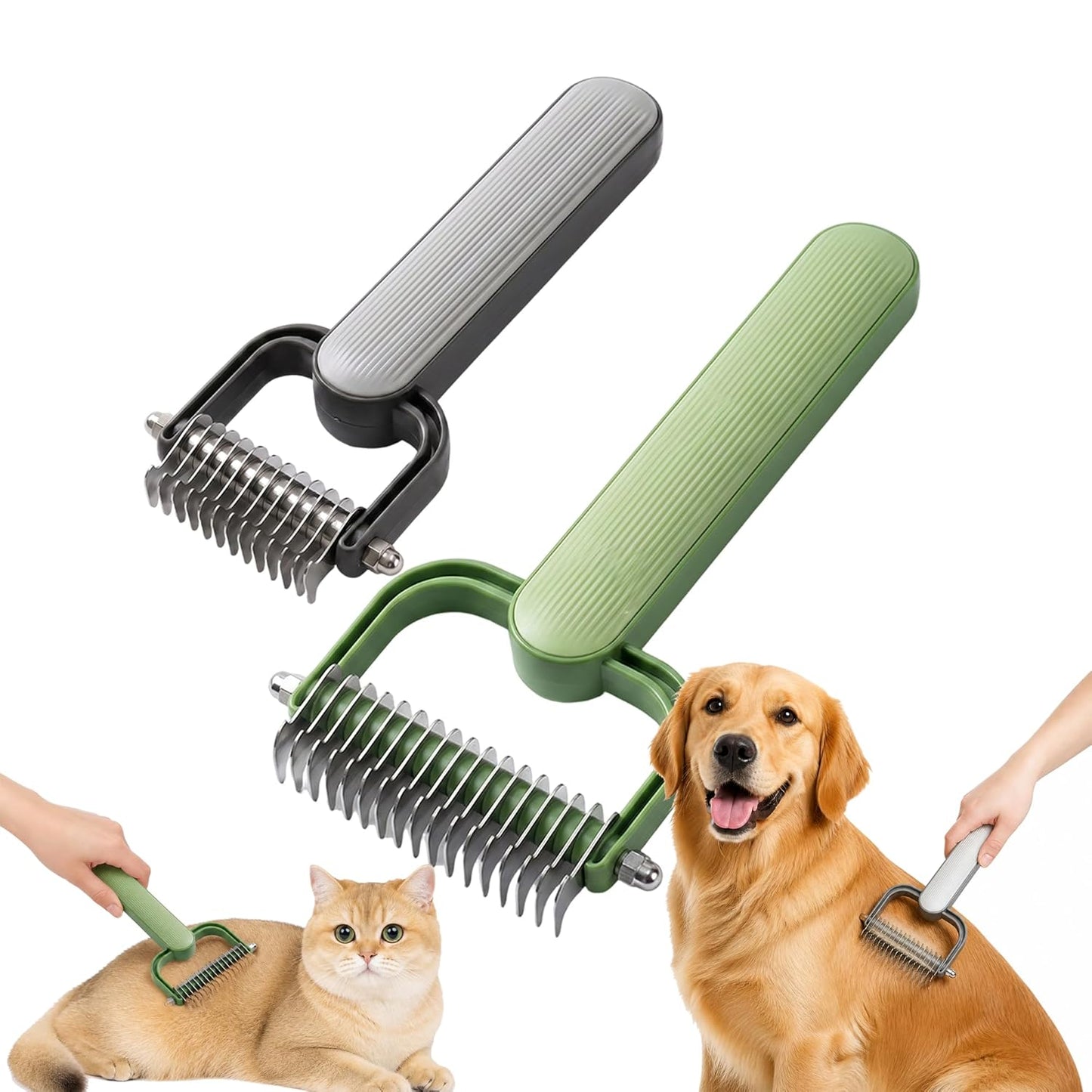 Double Sided Dematting Comb for Dogs and Cats – Undercoat Rake Pet Grooming Tool for Shedding, Tangles & Matted Fur, Stainless Steel Deshedding Brush for Long Haired & Thick Coat Pets (Green & Gray)