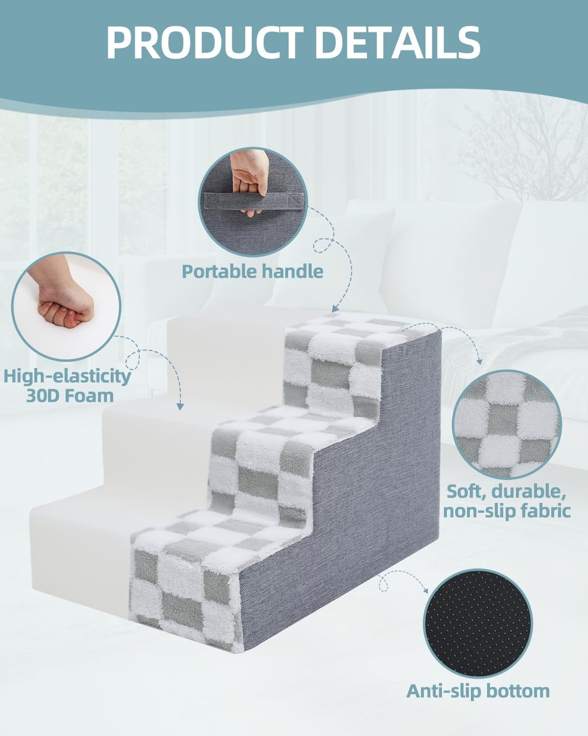 KSIIA Dog Stairs for Small Dogs & Cats Pet Stairs Supportive 4-Tier Pet Steps for Bed Couch Sofa Chair, No-Slip Cat Steps with Removable Washable Cover, 24" D x 15" W x 17.5" H, Grey