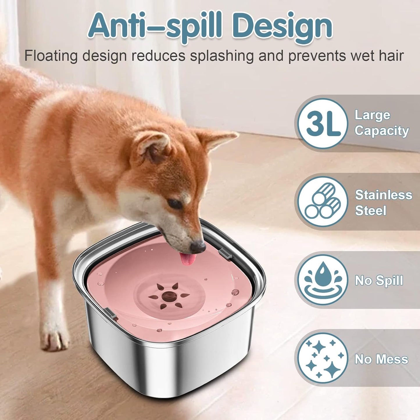 UPSKY 3L Dog Water Bowl 101oz Stainless Steel No Spill Large Capacity Dog Food Water Bowl Slow Water Feeder, Spill Proof Pet Water Dispenser Vehicle Carried Travel Water Bowl