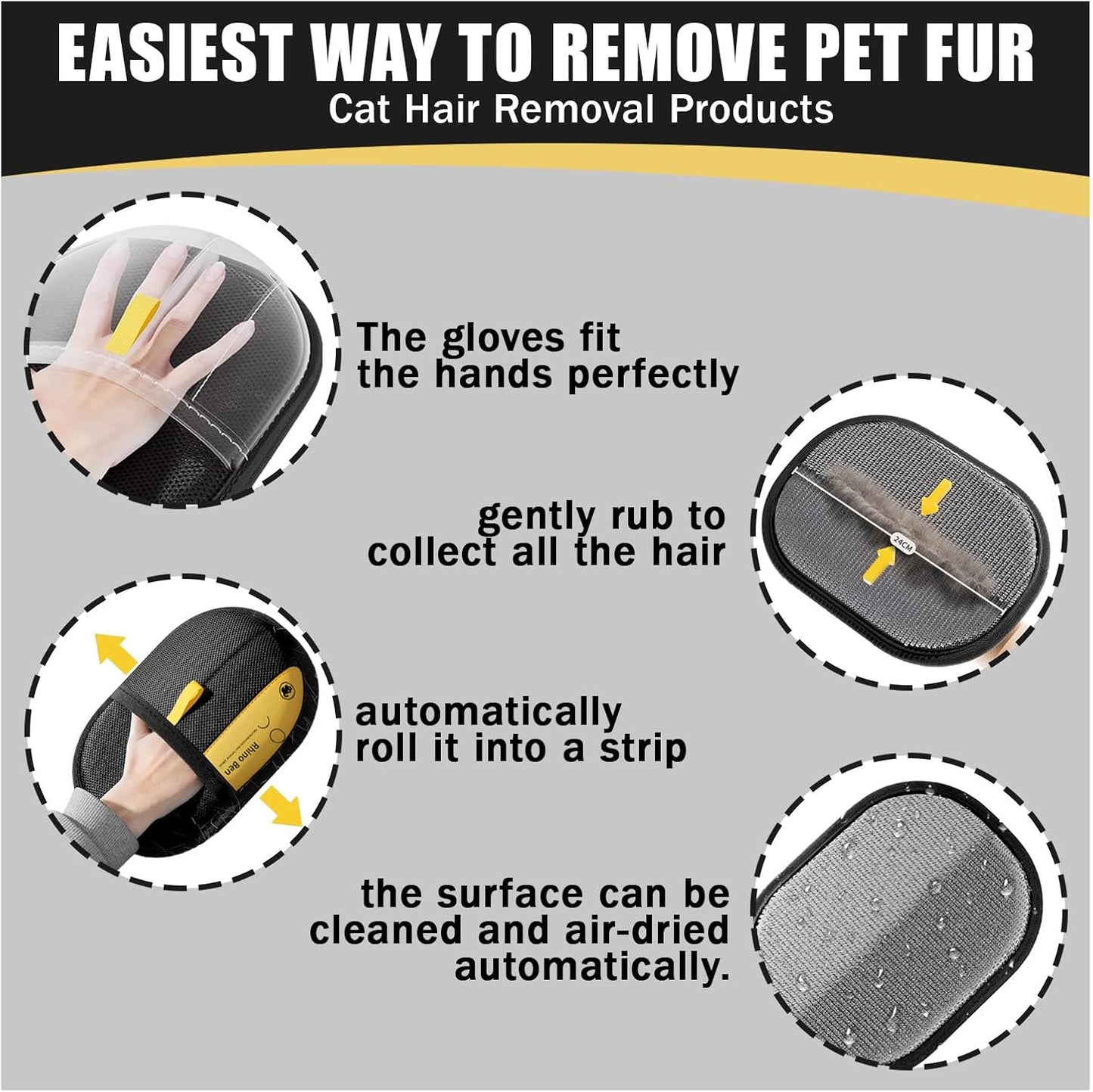 3pcs Pet Hair Remover, Electrostatic Pet Hair Removal Gloves, Reusable Cat & Dog Hair Remover for Couch, Furniture, Carpet, Curtain, Upgraded Animal Fur Removal Tool, Cat Grooming Gloves