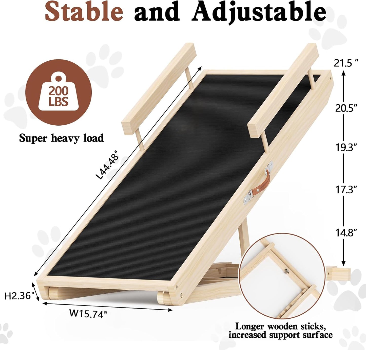 Dog Ramp for High Bed, Couch, Car, Pet Ramps 55.12" Long Adjustable 19.3"-27.17" Wooden Dog Step with Anti-slip Rubber Mat & Safety Side Rails for Small Medium Large Older Pets, up to 250 lbs