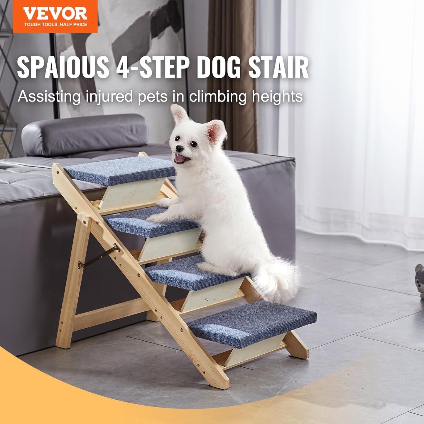 VEVOR Wood Pet Stairs, 2-Step Dog Stairs for Beds, Sofa & Cars, 110lbs Load Capacity, Floded Flat Design, Stable & Sturdy Cat & Dog Step Ladder for Small Medium Large Older Pet Puppy Essentials