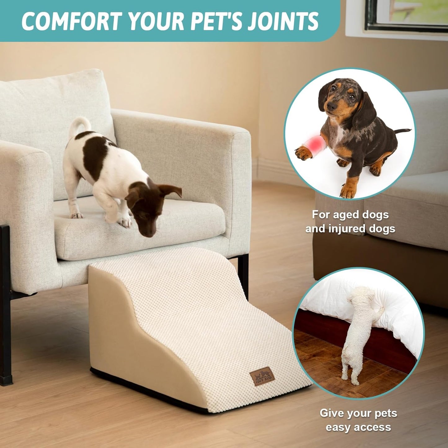 COZY KISS Dog Stairs for Small Dogs 15.7" H, Curved Dog Step for Puppy, Older Cat, Medium Pet Ramp for Sofa, Couch or Chair, Ladder with High Density Foam, 3 Step, 15.7x22.4x15.7 inch, Beige