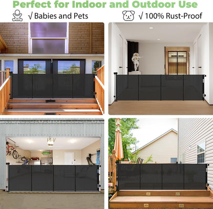 96 Inch Wide Reinforced Retractable Baby Gate with Support Rods, Extra Long Dog Gate Retractable Gate Outdoor Gates for Decks, Prevent Crawling Under Extra Long Baby Gates for Large Openings, Black