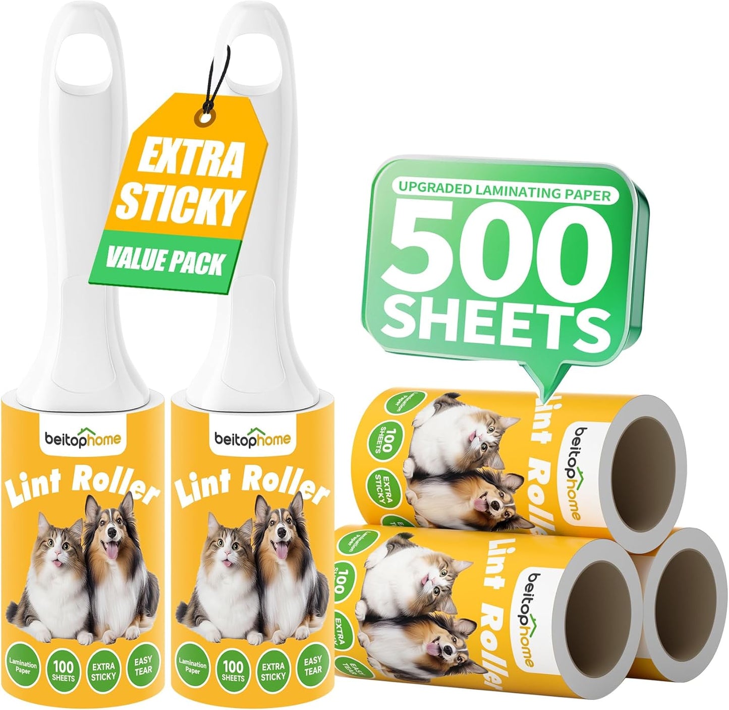 Lint Roller, 800-Sheet Extra Sticky Rollers for Pet Hair, 4 Handles, Value Pack for Dogs, Cats, Clothes, Carpet, Furniture