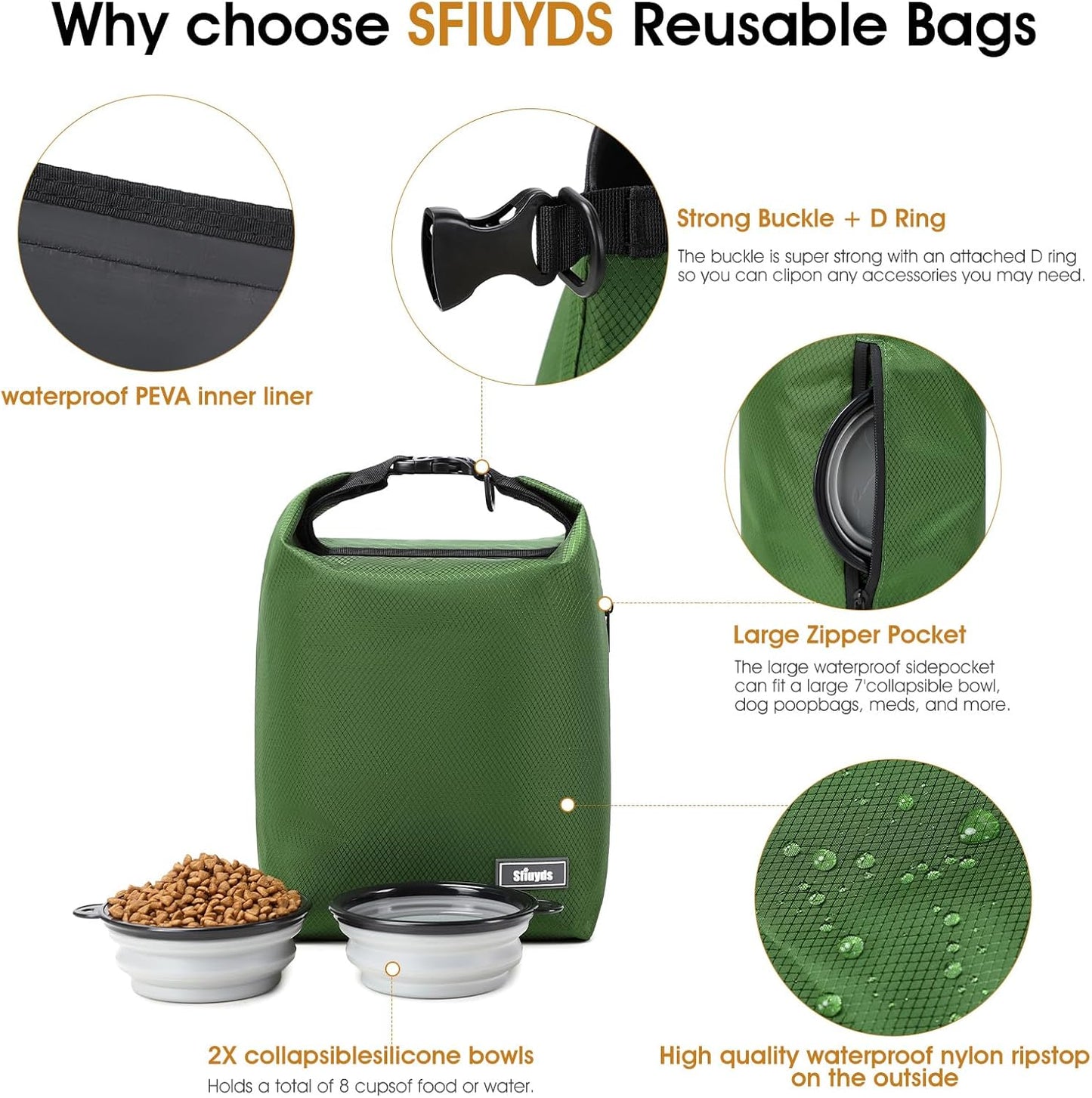Travel Dog Food Container Pet Food Storage Bag Containers 2PCS Collapsible Travel Dog Bowls Waterproof Camping Storage Essentials Kibble Carrier 20L Easy to Clean (Black, Large)