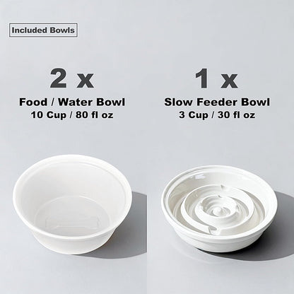 Elevated Dog Bowl Stand with 3 Large Ceramic Bowls – Raised Feeding Station for Medium & Large Dogs, Includes 2 Standard Bowls + 1 Slow Feeder, Durable Iron Frame, Non-Slip (White)