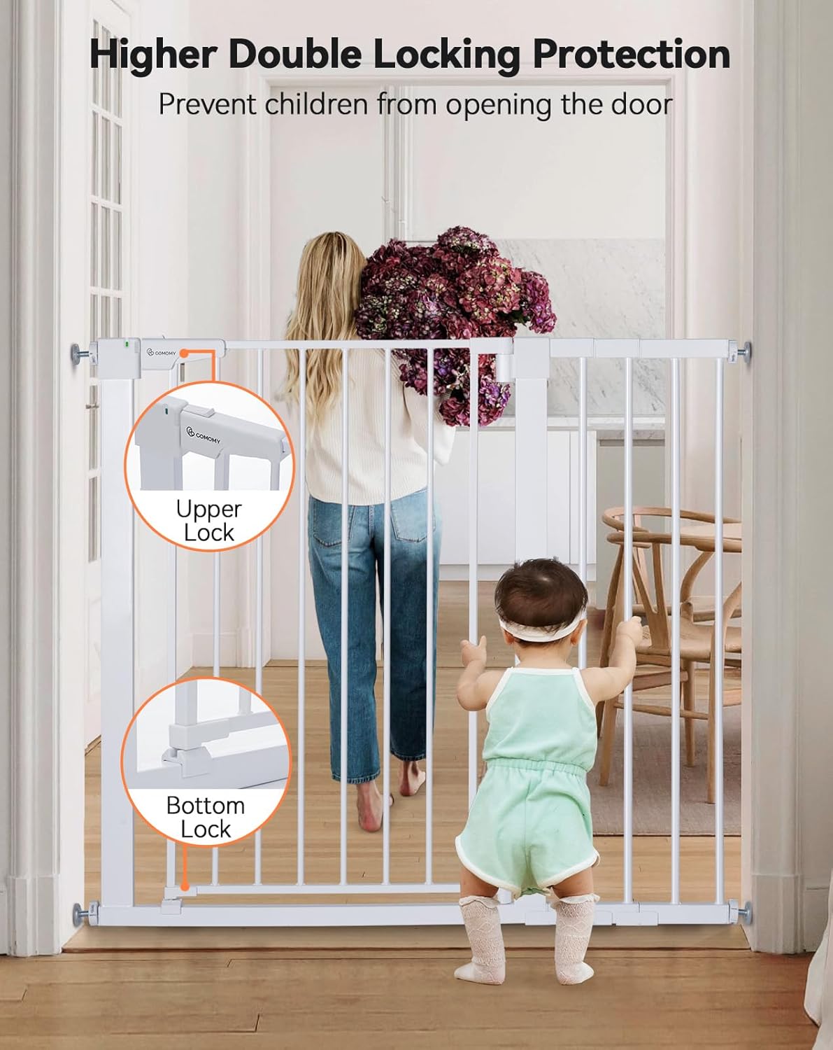 COMOMY 36" Extra Tall Baby Gate for Stairs and Doorways - Fits 29.5" to 48.8" Wide Openings, Auto Close Extra Wide Dog Gate for House, Pressure Mounted Easy Walk Through Pet With Door, Black
