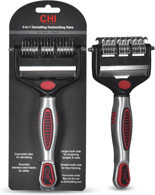 CHI for Dogs 2 in 1 Dematting and Deshedding Rake, Dual Head Dog Grooming Tool with Wide Tooth Dematting Rake and Fine Deshedding Rake, Detangler Comb for Thick Double and Long Dog Coat