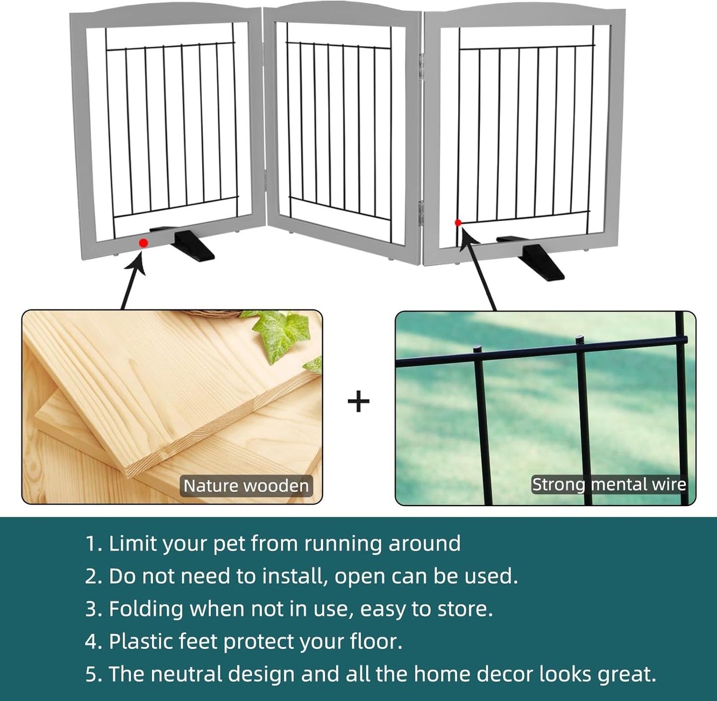 ZJSF Freestanding Dog Fence Indoor, Foldable Dog Gate for Doorways, Stairs or Hallways, Sturdy Wood Extra Wide Pet Gate with Support Feet for The House, White, 24 "Height-3 Panels