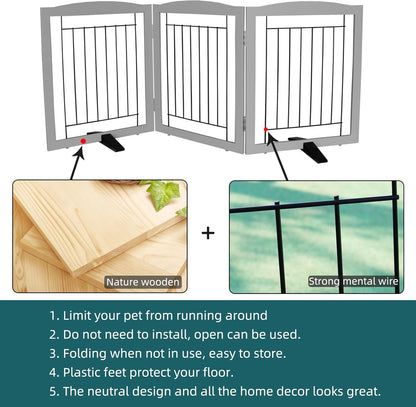 ZJSF Freestanding Dog Fence Indoor, Foldable Dog Gate for Doorways, Stairs or Hallways, Sturdy Wood Extra Wide Pet Gate with Support Feet for The House, White, 24 "Height-3 Panels