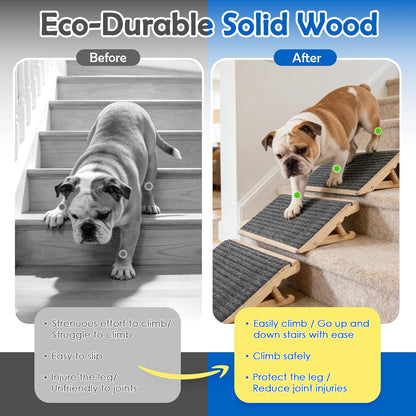 Dog Ramp for Stairs 2 Pack - Adjustable Solid Wood Foldable Indoor Pet Ramp for Senior & Injured Dogs, 2 Heights (4.2"/5.1"), Triangular Support & Non-Slip Carpet for Patio/Home, No Assembly (15.7"L)