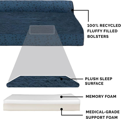 Furhaven Memory Foam Dog Bed for Large Dogs w/ Removable Bolsters & Washable Cover, For Dogs Up to 95 lbs - Two-Tone Plush Faux Fur & Suede L Shaped Chaise - Espresso, Jumbo/XL