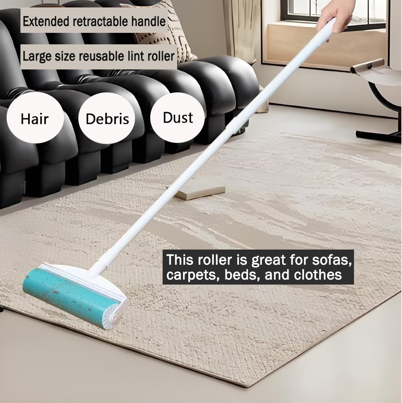 8 Inch Reusable Large Lint Roller, Washable Sticky Pet Hair Remover with Retractable Extendable Long Handle, Big Cleaning Tool for Clothes, Sofa, Carpet, Furniture, 1 Large, 1 Refill and 2 Mini Size