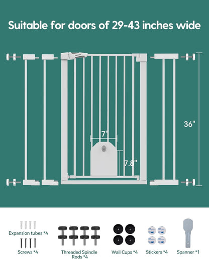 Babelio 36" Tall Auto Close Baby Gate with Small Cat Door, 29-43" Metal Cat Gate for Doorway, Stairs, House. Easy Walk Thru Dog Gate with pet Door, Includes 4 Wall Cups and 3 Extension Pieces, Black