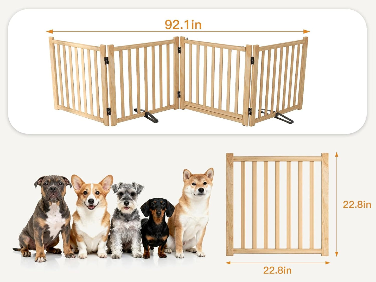 YOCAN Non-Painted Wood FreeStanding Pet Gate for Dogs,Wooden Dog Gates for Doorways, Stairs,The House, Dog Fences Indoor Puppy Gate-2 Panel H:23”