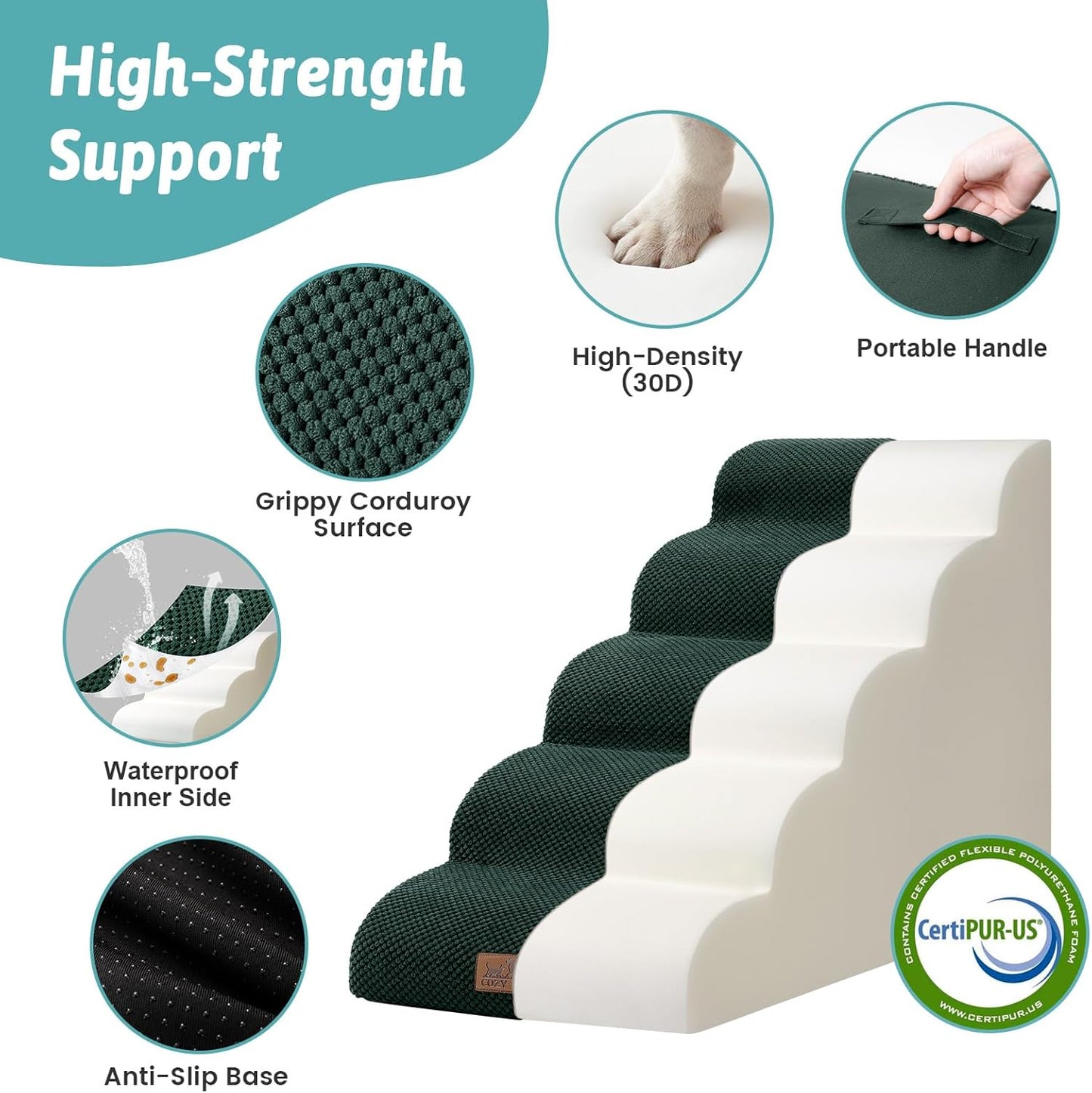 COZY KISS Dog Stairs for Small Dogs 15.7" H, Curved Dog Step for Puppy, Older Cat, Medium Pet Ramp for Sofa, Couch or Chair, Ladder with High Density Foam, 3 Step, 15.7x22.4x15.7 inch, Beige
