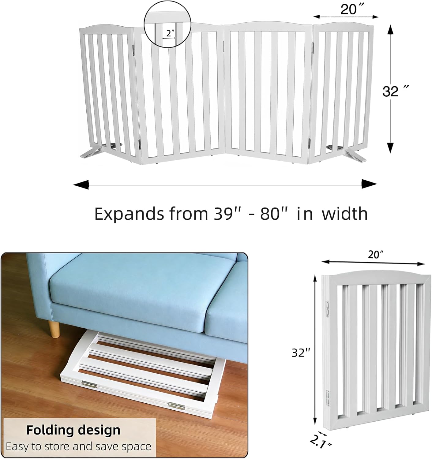 Freestanding Dog Gate Indoor,Doggie Gate Foldable Dog Gates for Doorways,Stairs or Hallways, Wooden White Pet Gate for the House, Pet Fence with Support Feet Included,24 "Height-4 Panels