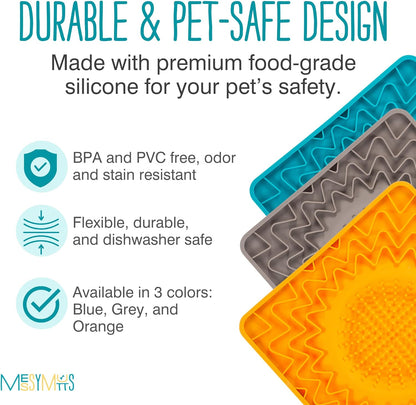 Messy Mutts Silicone Therapeutic Licking Bowl Mat | 10" x 10" | Slow Feeder Mat for Boredom & Anxiety | Lick Pad for Dogs & Cats (Blue)