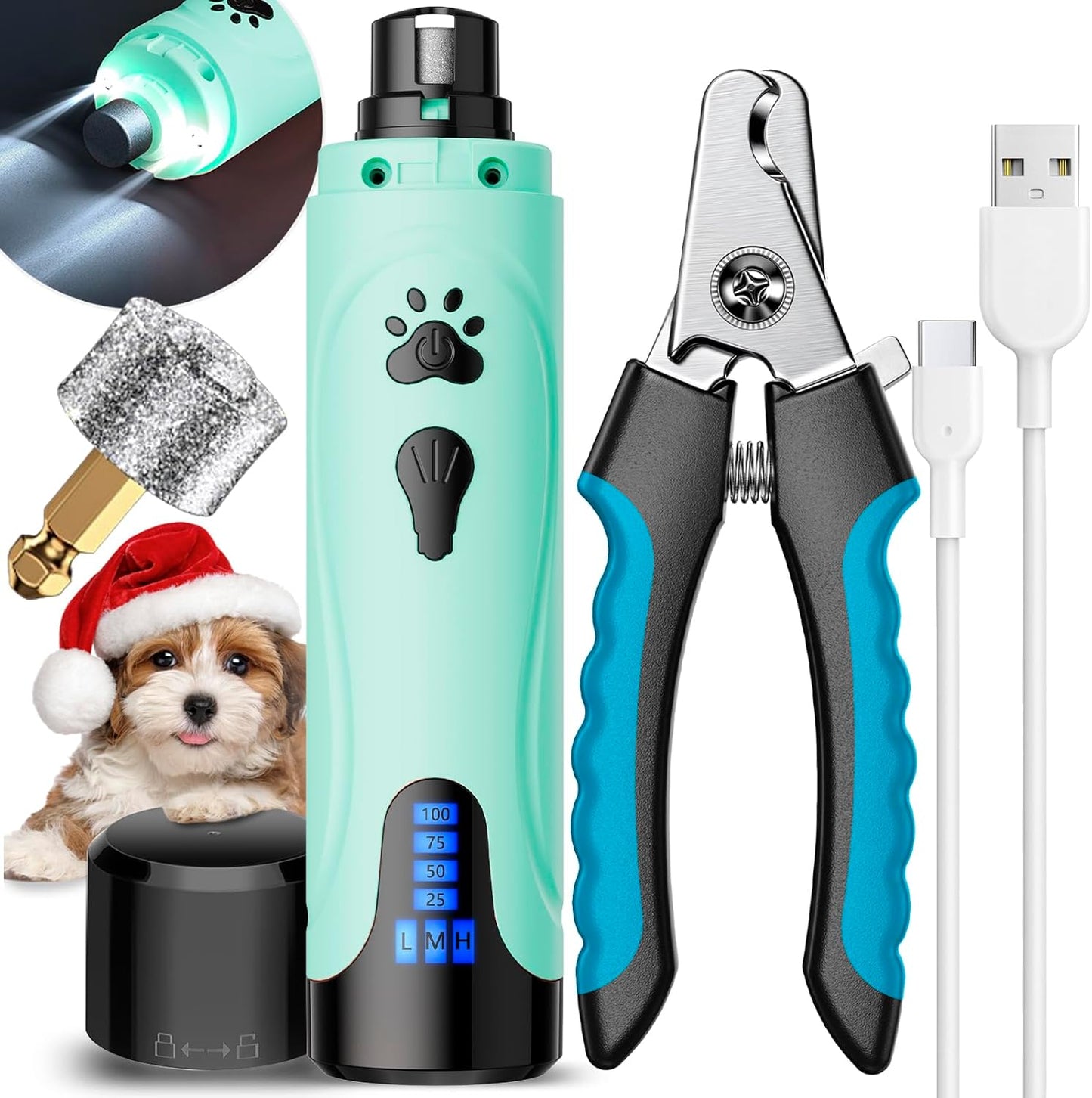 YABIFE Super Quiet Dog Nail Grinder & Clippers Kit with 2 LED Lights, 3 Speeds Up to 12,000 RPM, Lower Than 30dB Electric Pet Nail Trimmer for Small Medium Large Dogs and Cats