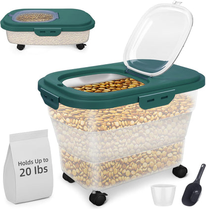 Dog Food Container, Collapsible Pet Food Storage Container 17-20 lb with Rolling Wheels & Airtight Lid, Plastic Storage Bin With Dog Food Scoop and Measuaring Cups