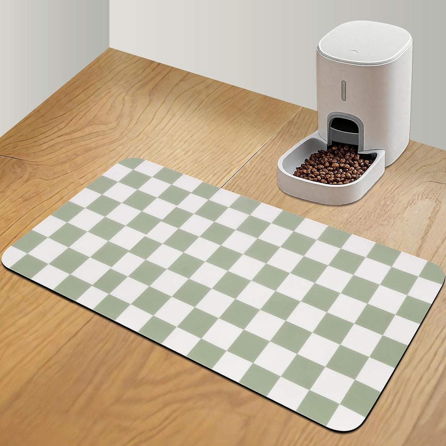 CooRug Checkered Dog Food Mat, Absorbent Leak-Proof Pet Feeding Mat, Quick Dry Cat Food Mat for Messy Drinkers 12" x 20" Khaki