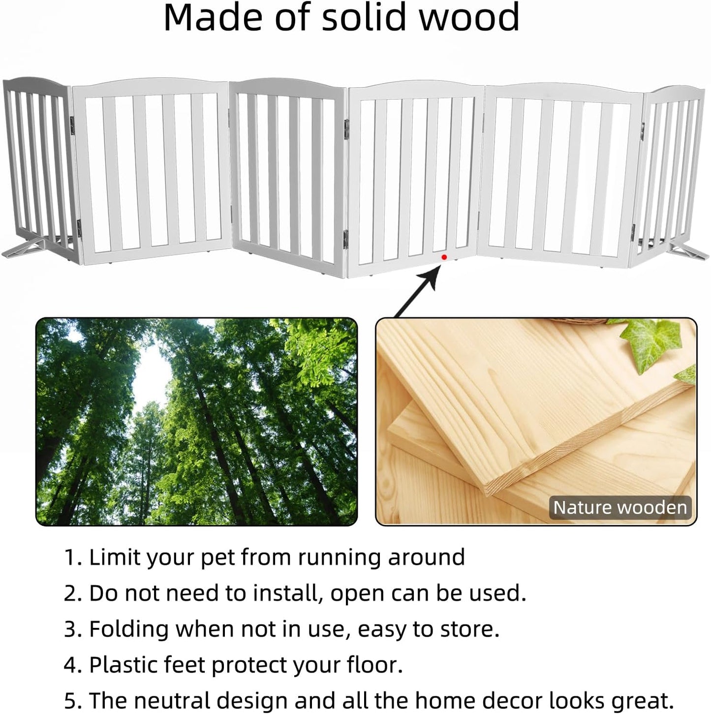 ZJSF Foldable Freestanding Indoor Dog Gate for House Wood White Long Pet Gates Dog Fence for Stairs Puppy Gates for Hallways,Pet Fence, Puppy Gate,Support Feet Included 24 "Height-3 Panels