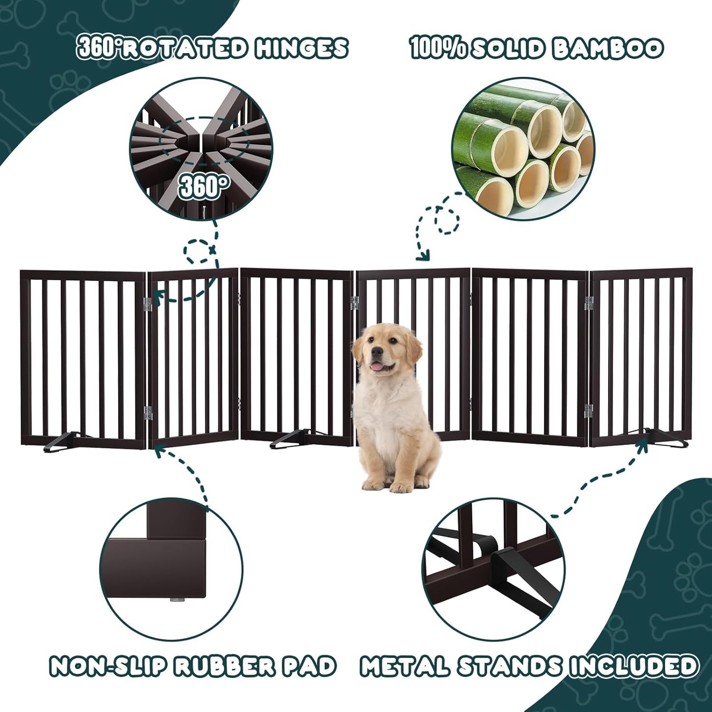 Freestanding Dog Gates Indoor, 3-Panel Pet Gates with 2 Metal Stands and 360° Hinge, 24" H Foldable Dog Gate for Stairs, Doorway, Kitchen, Expands Up to 55" Fully Assembled - Black Walnut