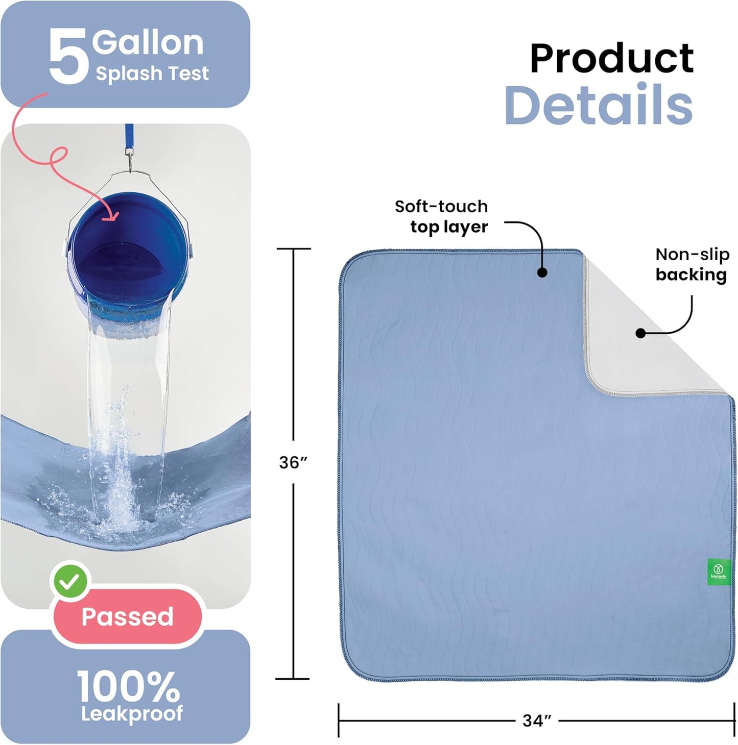 IMPROVIA® Washable Underpads, 34" x 36" (Pack of 4) - Heavy Absorbency Reusable Bedwetting Incontinence Pads for Kids, Adults, Elderly, and Pets - Waterproof Protective Pad for Bed, Couch, Sofa, Floor